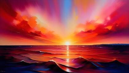 Wall Mural - A painting of a sunset sky with vibrant hues of red, pink, and orange blending together