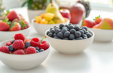 Fresh berries and fruits on the table in the kitchen