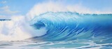 Fototapeta  - A beautiful painting depicting a majestic wave in the ocean with vibrant shades of blue and white, capturing the motion and power of the sea
