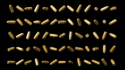 Fototapete - 3D Rendering, Realistic mock up of bullets falling, isolated on black background.