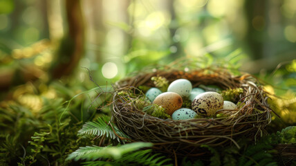 A bird's nest with speckled eggs on forest ground