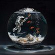 Astronaut encapsulated within transparent sphere, surrounded by rocks. Astronaut appears to be floating, offering surreal, otherworldly visual experience that blurs lines between reality and fantasy