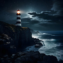 At The Edge Of A Cliff, A Solitary Lighthouse Stands Guard, Its Beacon Piercing Through The Darkness Of The Night.