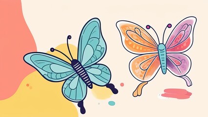 children's drawing: bright butterflies on a light background, children's creativity