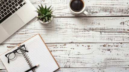 Poster - A composition of a white wooden surface featuring a notebook, pen, eyeglasses, and a laptop set up for work or study