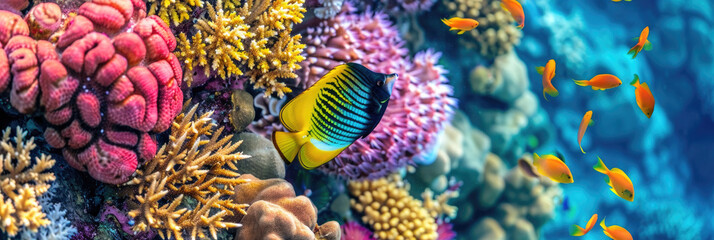 Wall Mural - A diverse array of colorful fish swim among the vibrant coral reef in a lively underwater ecosystem