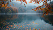 A peaceful lake, with colorful autumn foliage as the background, during a tranquil fall day