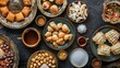Arabic Cuisine: Middle Eastern desserts. Delicious collection of Ramadan traditional desserts. Served with tasty nuts, Arabic coffee, honey syrup and sugar syrup .Top view with close up