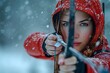Woman Holding Bow and Arrow in Snow