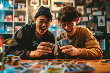 Geeks playing a fantasy card game, two young Asian friends excited about the collectibles they like