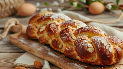 Freshly baked sweet braided bread loaf with fruit fillings and almond slices on wooden background. Traditional Easter celeration dessert.