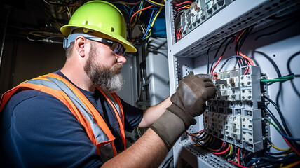 Male adult commercial electrician at work on a fuse box, adorned in safety gear with protective goggles. Construction industry, electrical system. 