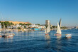 Feluccas (traditional egyptian sailing boats) on the Nile river in Aswan, Egypt