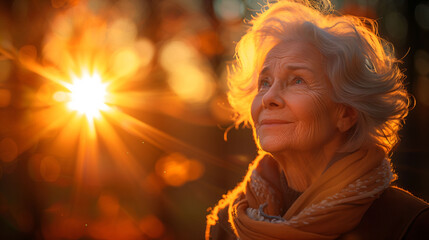 Wall Mural - Elderly woman enjoying a sunset, warm light casting a glow on her serene face, symbolizing peace and golden years.