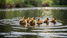A Family Of Fluffy Ducklings Following Their Mother As They Paddle Across A Tranquil Pond