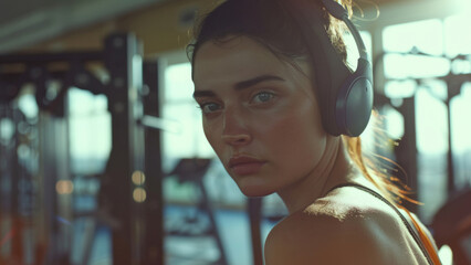 Wall Mural - Determined woman with headphones takes a break during a gym workout, sunlight accentuating her focus.