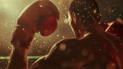 Sticker - Back of a boxer showcasing strength and focus, lit by dramatic light in the ring.