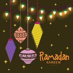 Wall Mural - Celebrations for Islamic holy month of prayers, Ramadan Kareem with colourful decorative lanterns and lights on green background.