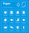 Ready sets of icons for separating paper waste in one colour. Vector elements are made with high contrast, well suited to different scales and on different media. Ready for use in your design. EPS10.