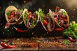 Falling tacos with meat, vegetables and spices on dark wooden background