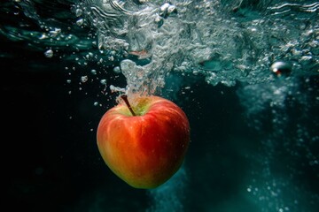 Red apple falling into water surrounded by bubbles