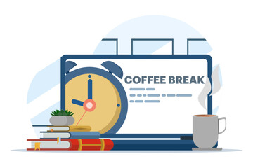 concept of coffee break, work break, health benefits of body, mind and emotions, thought process, start and idea search vector, flat vector illustration on white background.