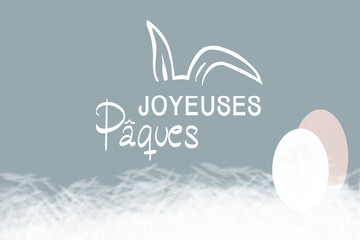 Poster - Happy easter text in French with rabbits and easter eggs on grey background.