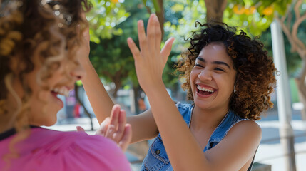 Poster - Laughing latin american female young adult giving high five to hispanic friend