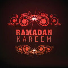 Wall Mural - Golden text Ramadan Kareem with beautiful floral design on shiny red background for Muslim community festival celebration, can be used as poster, banner or flyer design.