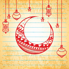 Sticker - Floral design decorated moon with hanging Arabic lamps and stars on notebook paper background for holy month of Muslim community Ramadan Kareem celebration.