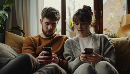 Canvas Print - A man and woman sitting on the sofa, watching TV together with their mobile phones in hand, smiling happily at each other