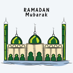 Sticker - Illustration of a mosque on grey background, concept for Islamic holy month of prayers, Ramadan Mubarak celebrations.