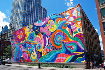 Poster - A large, colorful mural adorns the side of a building, depicting a variety of shapes, patterns, and figures in rich hues. Generative AI