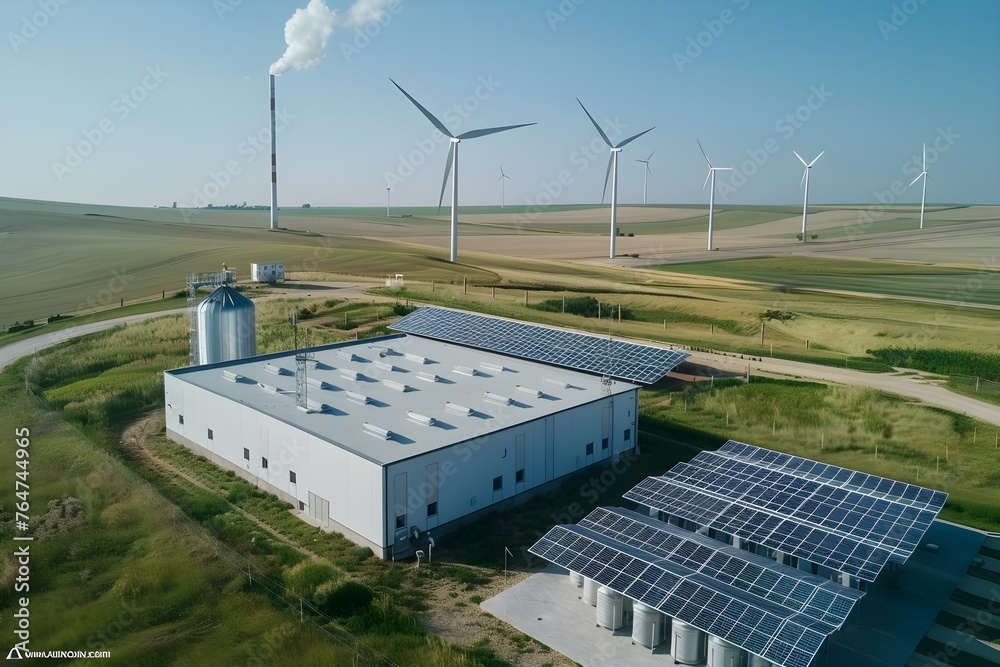 A green hydrogen production facility with solar panels and wind ...