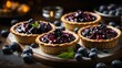 Delectable fruit tarts filled with blueberry preserve arranged on a rustic wooden board