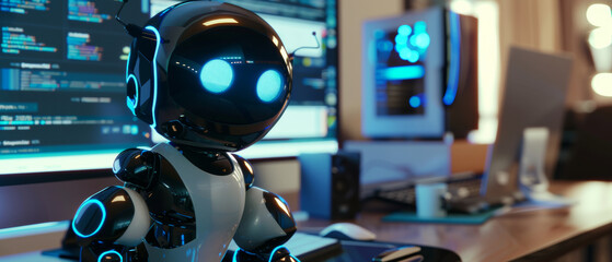 Futuristic robot with glowing blue eyes immersed in coding work inside a high-tech workspace.