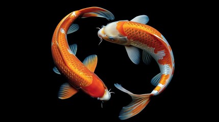 Wall Mural - two koi fish swimming in a circle in a dark background. forming a yin and yang symbol