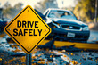 Drive safely yellow road sign closeup with car accident