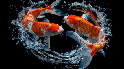 Wall Mural - two koi fish swimming in a circle in a dark background. forming a yin and yang symbol