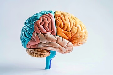 Poster - A detailed model of the human brain displayed on a white background, showcasing its intricate structures and functions. Generative AI