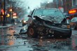 A mangled vehicle sits abandoned on a rainy street, highlighting the dangers of urban driving and road safety