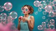 © Syrtseva Tatiana - Fashionable young woman blowing soap bubbles, wearing a stylish turquoise pink jacket on a pink turquoise background with airy soap bubbles. The concept of fashion, style, lightness, youth.