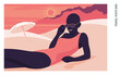 African woman lying on the sandy beach on the background with sea and mountains. Summer vacation at southern resorts. Vector flat illustration