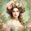 Beautiful girl decorated with flowers with roses and lilies on a pastel background, Victorian style