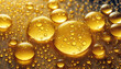 Close-up of golden drops. Oil bubbles texture. Facial serum. Skin care cosmetic. Abstract background
