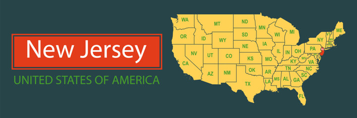 Wall Mural - Banner, highlighting the boundaries of the state of New Jersey on the map of the United States of America. Vector map borders of the USA New Jersey state.