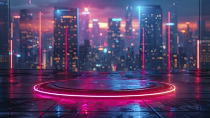 Poster - Immerse your audience in a futuristic realm with a holographic podium showcasing cutting-edge electronic products against a cityscape backdrop.