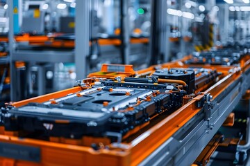 Busy electric car battery cell assembly line in a factory showcasing mass production process. Concept Electric Vehicles, Battery Technology, Manufacturing Process, Automation, Sustainable Energy