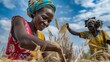 African women harvesting wheat by hand in a sunny field embodying the essence of manual agriculture work.