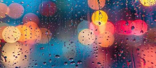 Poster - A close up image of a window covered in raindrops with a multitude of glowing lights